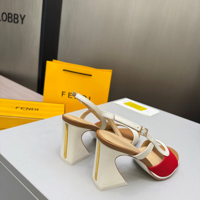 FENDI 26S SLINGBACK SANDALS IN WHITE CALFSKIN AND RED CANVAS