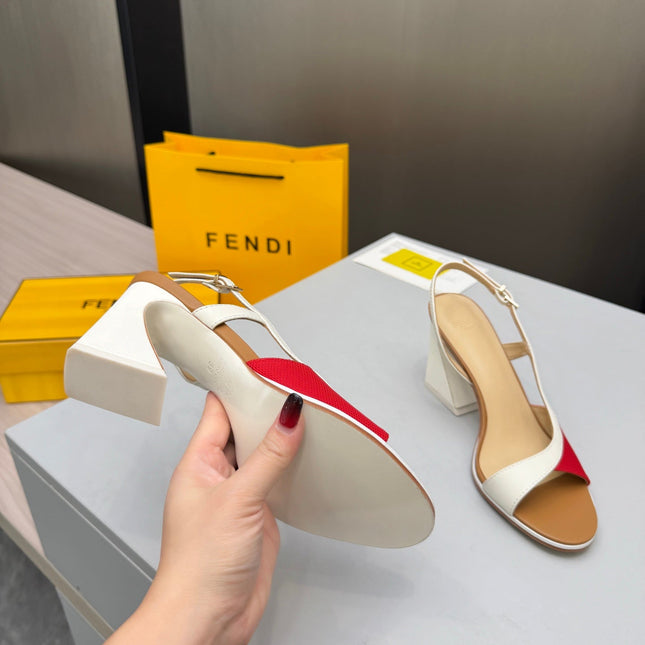 FENDI 26S SLINGBACK SANDALS IN WHITE CALFSKIN AND RED CANVAS