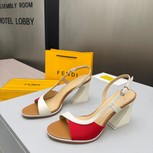 FENDI 26S SLINGBACK SANDALS IN WHITE CALFSKIN AND RED CANVAS