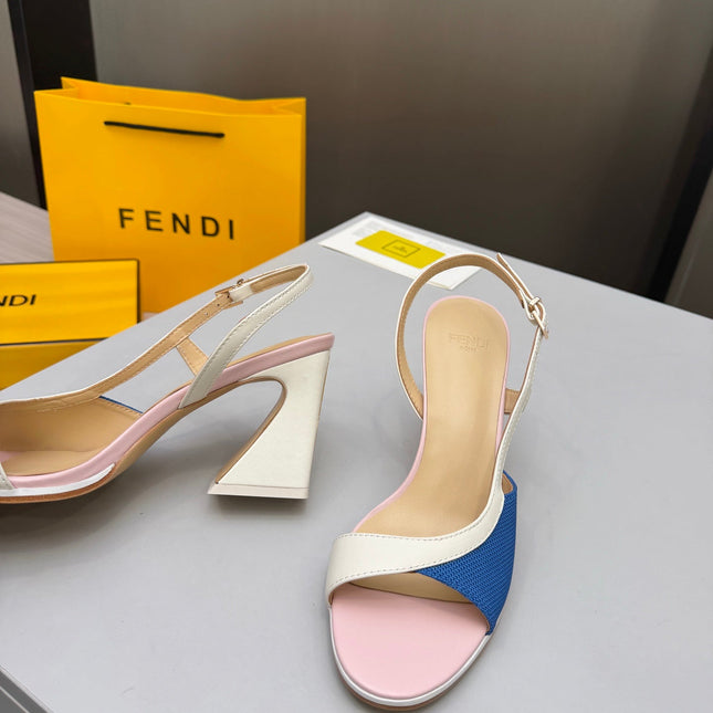 FENDI 26S SLINGBACK SANDALS IN WHITE CALFSKIN AND BLUE CANVAS