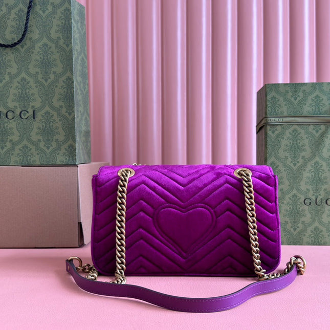 GUCCI 25S GG MARMONT 26 CM IN DEEP PINK PURPLE VELVET WITH GOLD HARDWARE