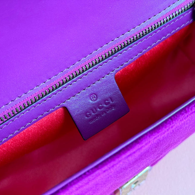 GUCCI 25S GG MARMONT 26 CM IN DEEP PINK PURPLE VELVET WITH GOLD HARDWARE