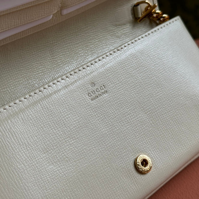 HORSEBIT 1955 WALLET IN BEIGE EBONY CANVAS MIX WHITE CALFSKIN GOLD CHAIN