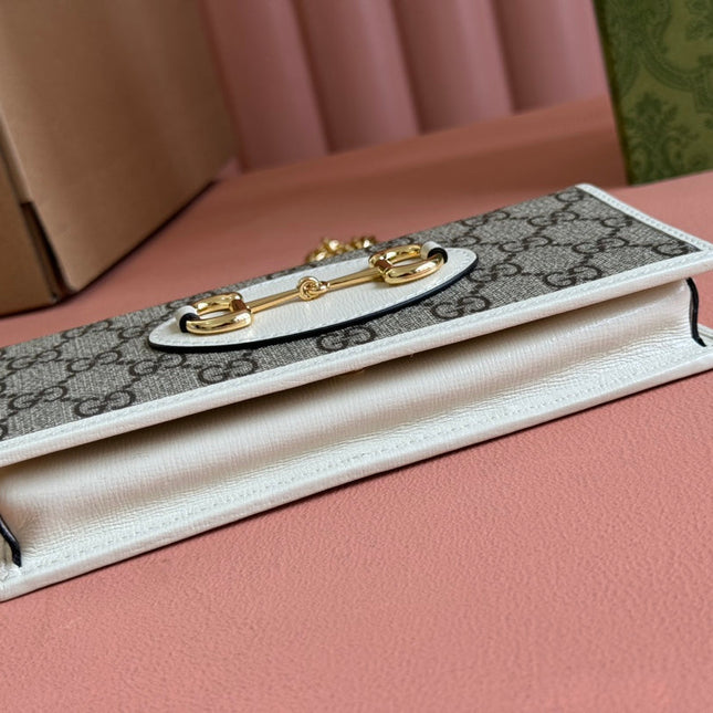 HORSEBIT 1955 WALLET IN BEIGE EBONY CANVAS MIX WHITE CALFSKIN GOLD CHAIN