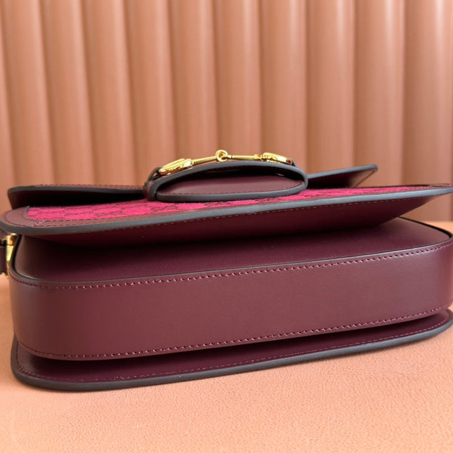 HORSEBIT 1955 SHOULDER BAG 25 IN WINE RED CANVAS AND CALFSKIN GOLD HARDWARE