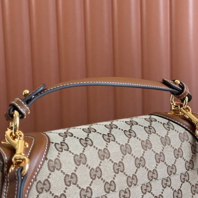 BLONDIE LARGE TOP HANDLE BAG 32 IN BEIGE AND DARK BROWN CANVAS BROWN CALFSKIN