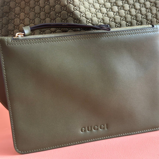 B LARGE SHOULDER BAG 49 IN ARMY GREEN GG EMBOSSED SUEDE