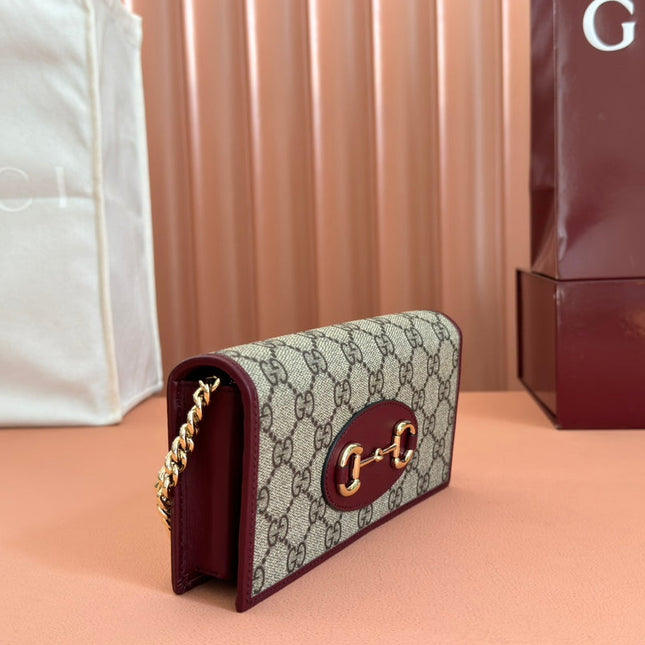 HORSEBIT 1955 WALLET ON CHAIN 19 IN BEIGE DARK BROWN NEW GG AND ROSSO ANCORA RED CALFSKIN