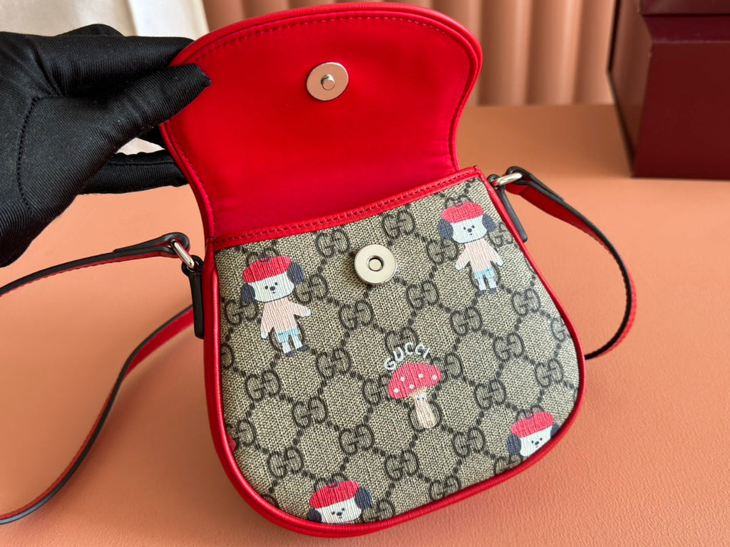 CHILDREN'S PRINTED GG SHOULDER BAG IN BEIGE AND DARK BROWN GG CANVAS RED TRIM