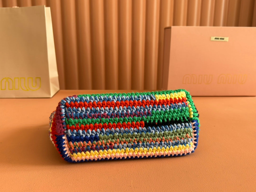 CROCHET SHOULDER BAG 25.5 COLORFUL WOOL WITH BROWN STRAP CALFSKIN