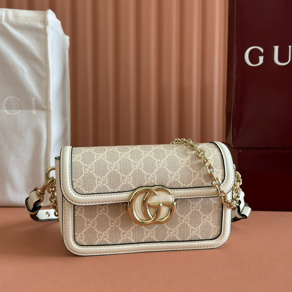 GO SMALL SHOULDER BAG 21.5 IN BEIGE GG CANVAS WHITE CALFSKIN GOLD HARDWARE
