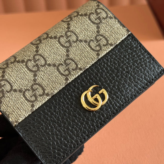 MARMONT BI-COLOUR CARD CASE WALLET 11 IN BEIGE EBONY GG CANVAS BLACK CALFSKIN