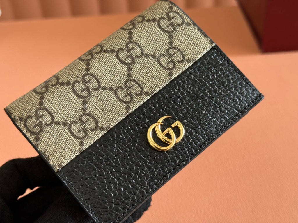 MARMONT BI-COLOUR CARD CASE WALLET 11 IN BEIGE EBONY GG CANVAS BLACK CALFSKIN