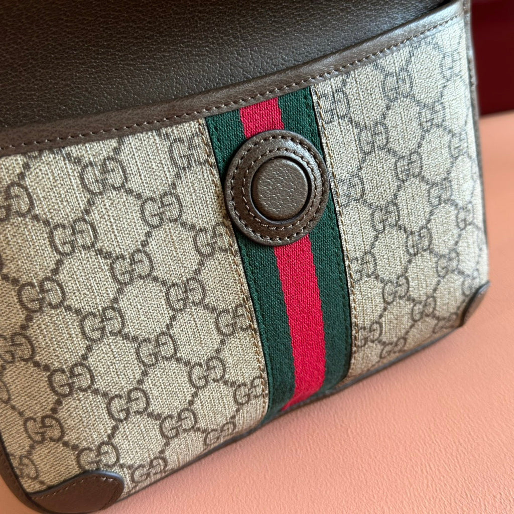 OPHIDIA BELT BAG 24 IN BEIGE AND DARK BROWN CANVAS