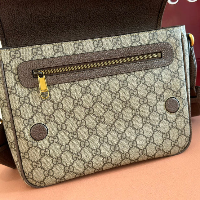 GUCCI 25S OPHIDIA MEDIUM CROSSBODY BAG 28 IN BEIGE CANVAS AND BROWN CALFSKIN