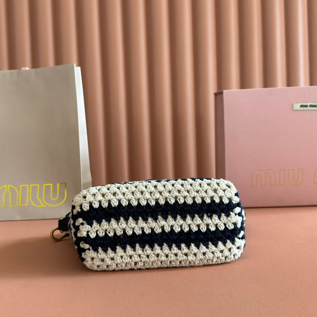 MIUMIU 26S CROCHET POUCH 25 IN BLUE AND WHITE STRIPES WOOL