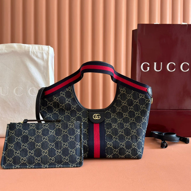 GUCCI GIGLIO TOTE BAG 25 CM IN NAVY BLUE MONOGRAM DENIM