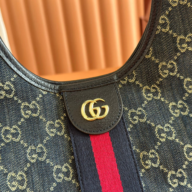 GUCCI GIGLIO TOTE BAG 25 CM IN NAVY BLUE MONOGRAM DENIM