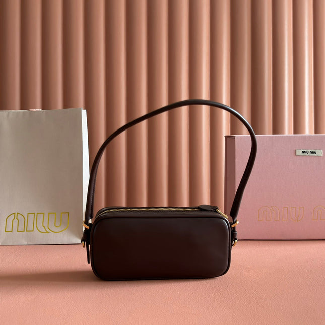 MIUMIU 26S POUCH BAG 20 IN DARK BROWN CALFSKIN GOLD HARDWARE