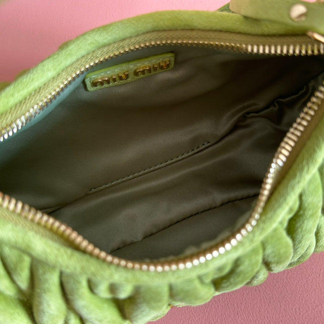 MIUMIU 26S MATELASSÉ NAPPA 23 IN GREEN SUEDE