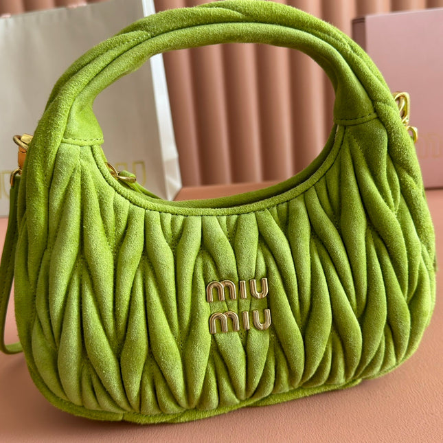 MIUMIU 26S MATELASSÉ NAPPA 23 IN GREEN SUEDE