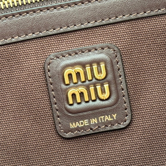 MIUMIU 26S IVY 40 TOTE IN CHOCOLATE BROWN CANVAS AND DARK BROWN CALFSKIN