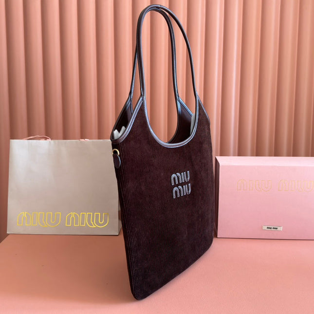 MIUMIU 26S IVY 40 TOTE IN CHOCOLATE BROWN CANVAS AND DARK BROWN CALFSKIN