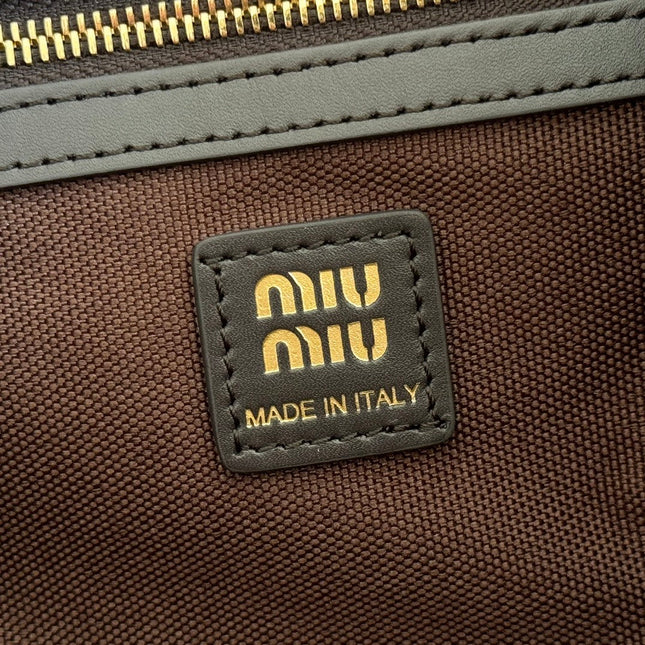MIUMIU 26S MEDIUM BACKPACK 29 IN CHOCOLATE BROWN CANVAS BLACK CALFSKIN