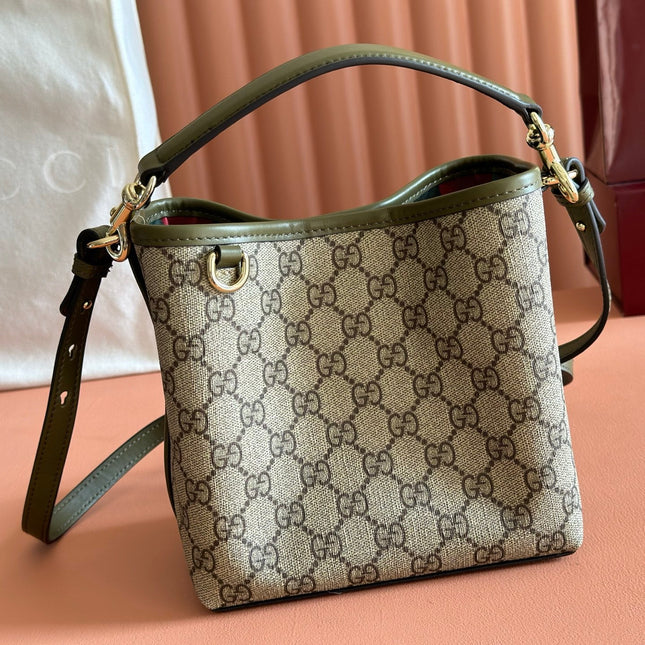 GUCCI 26S HAND BAG 19 IN DARK BEIGE AND MOSS GREEN CANVAS