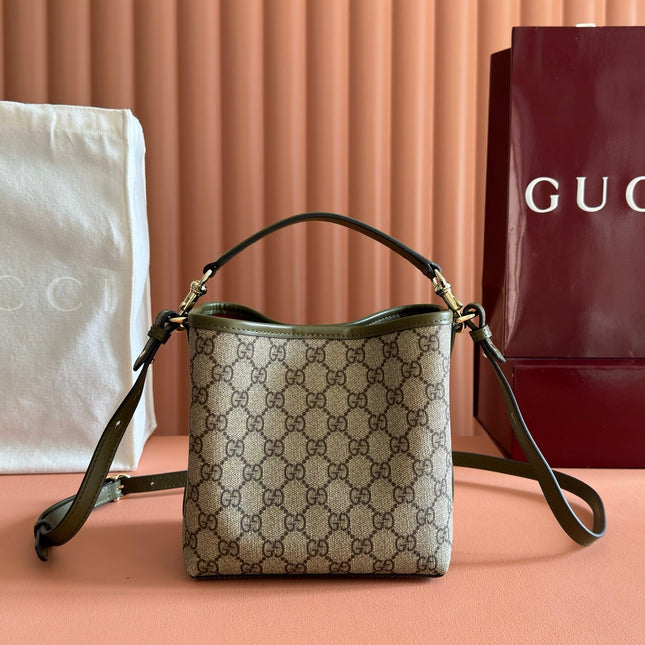 GUCCI 26S HAND BAG 19 IN DARK BEIGE AND MOSS GREEN CANVAS