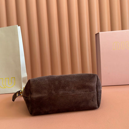 MIUMIU 26S CORDUROY POUCH BAG 25 IN CHOCOLATE BROWN SUEDE GOLD HARDWARE