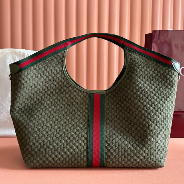 GUCCI 26S GIGLIO LARGE TOTE BAG 60 IN DARK MOSS GREEN EMBOSSED SUEDE