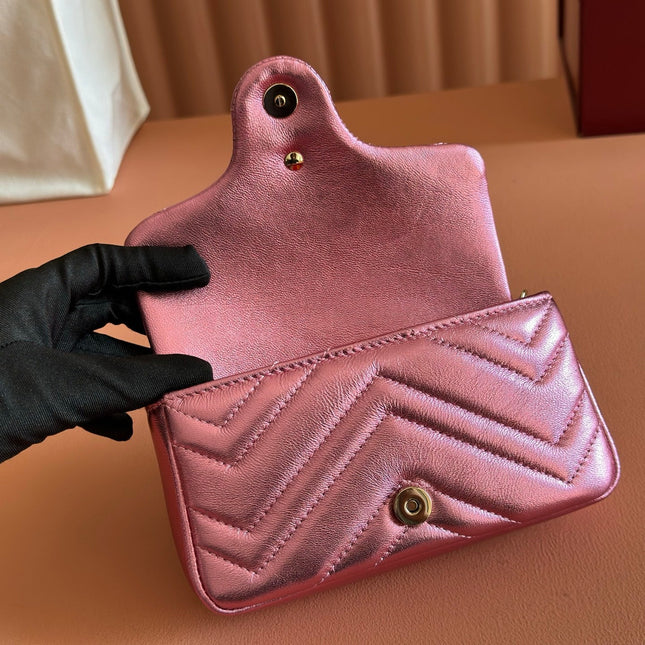 GUCCI 26S GG MARMONT BAG 16 IN METALLIC PINK LAMBSKIN