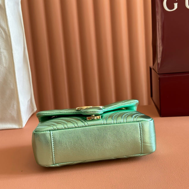 GUCCI 26S GG MARMONT BAG 22 IN METALLIC PALE GREEN LAMBSKIN