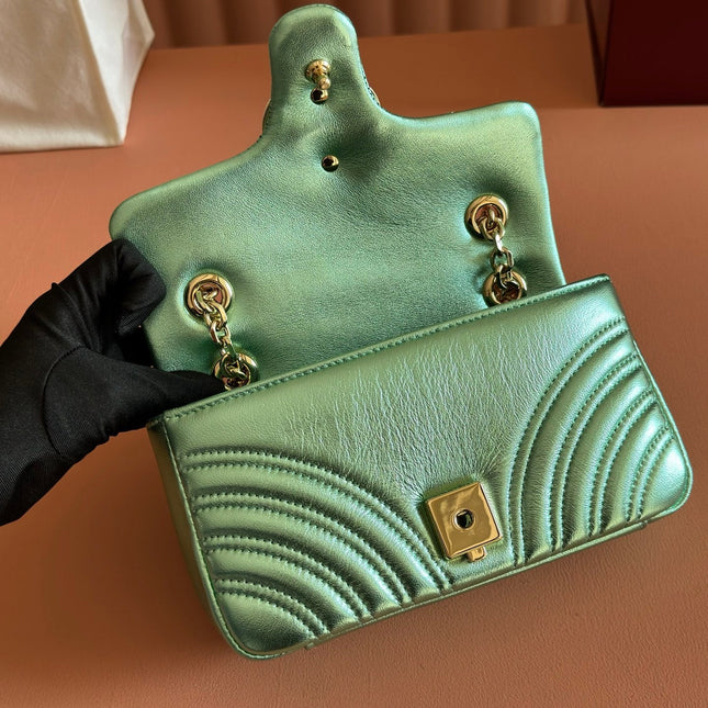 GUCCI 26S GG MARMONT BAG 22 IN METALLIC PALE GREEN LAMBSKIN