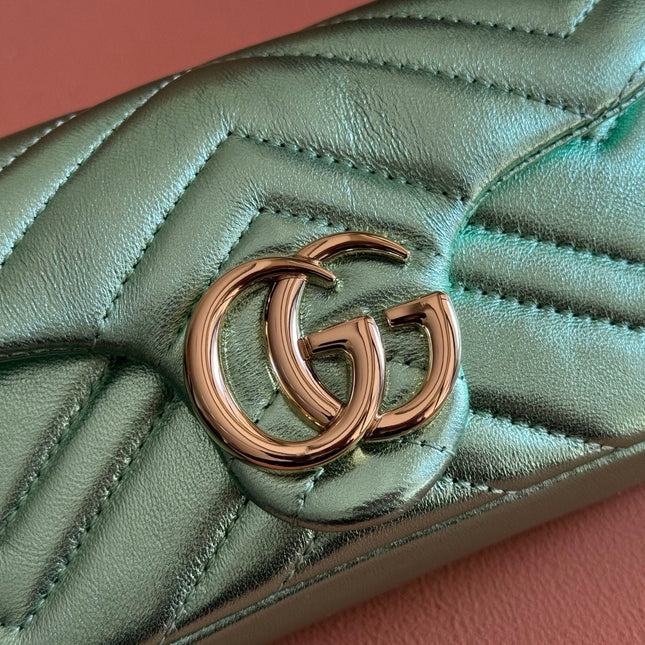 GUCCI 26S GG MARMONT BAG 16 IN METALLIC PALE GREEN LAMBSKIN