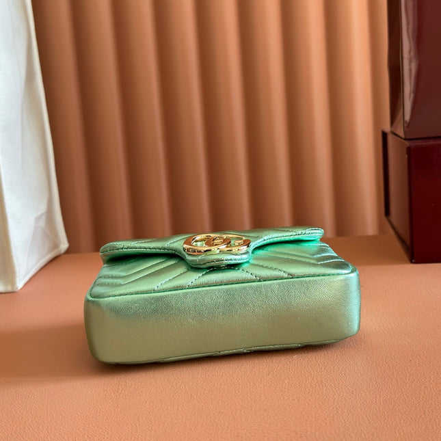 GUCCI 26S GG MARMONT BAG 16 IN METALLIC PALE GREEN LAMBSKIN