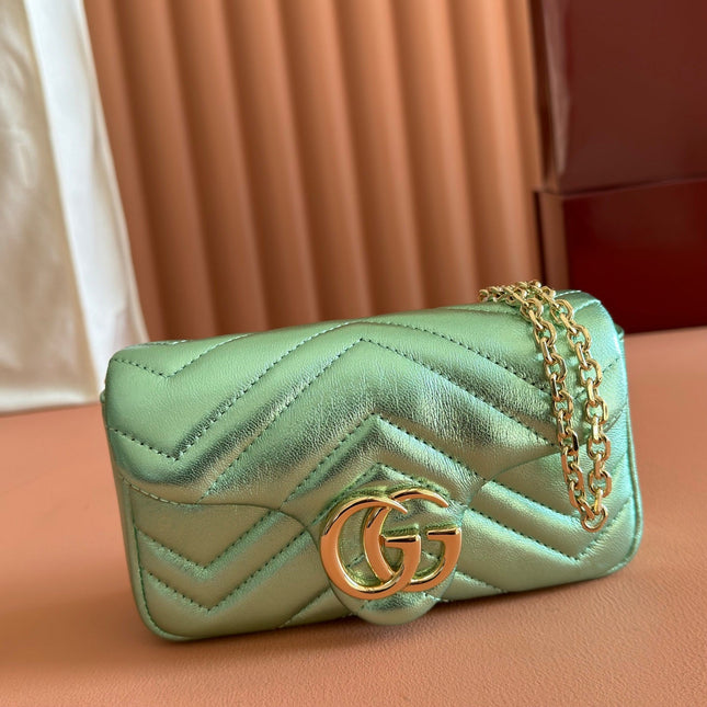 GUCCI 26S GG MARMONT BAG 16 IN METALLIC PALE GREEN LAMBSKIN