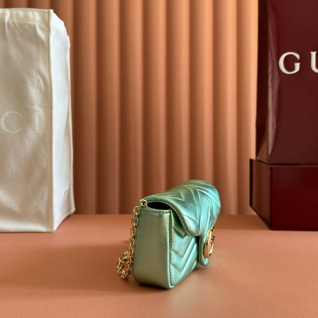 GUCCI 26S GG MARMONT BAG 16 IN METALLIC PALE GREEN LAMBSKIN