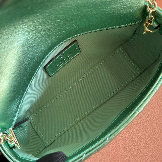 GUCCI 26S GG MARMONT BAG 16 IN METALLIC PALE GREEN LAMBSKIN