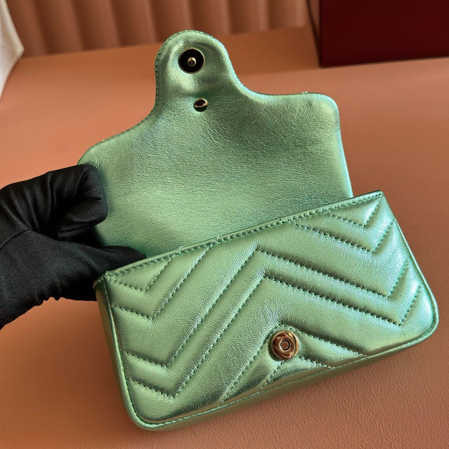 GUCCI 26S GG MARMONT BAG 16 IN METALLIC PALE GREEN LAMBSKIN