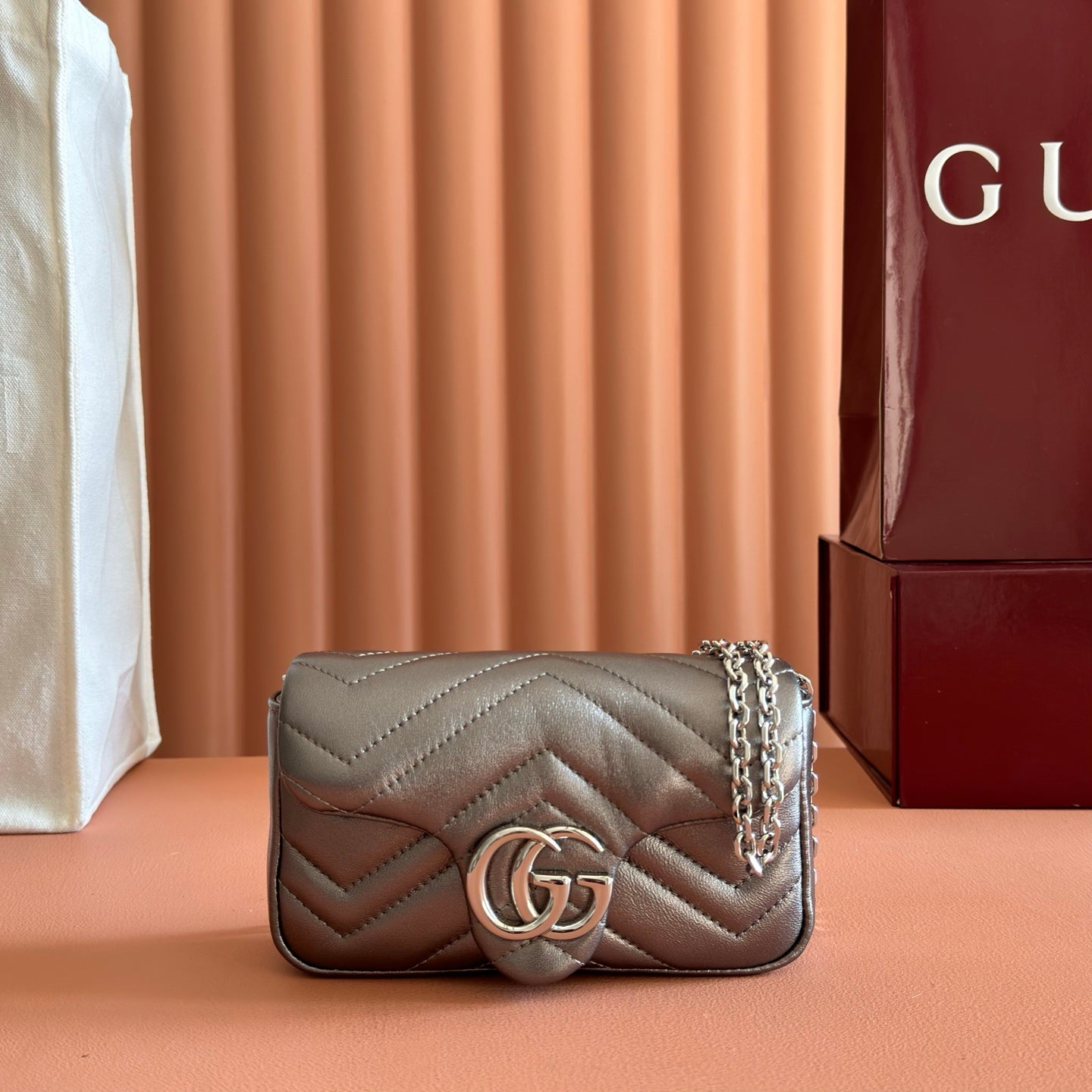 GUCCI 26S GG MARMONT BAG 16 IN WARM GRAY BROWN LAMBSKIN