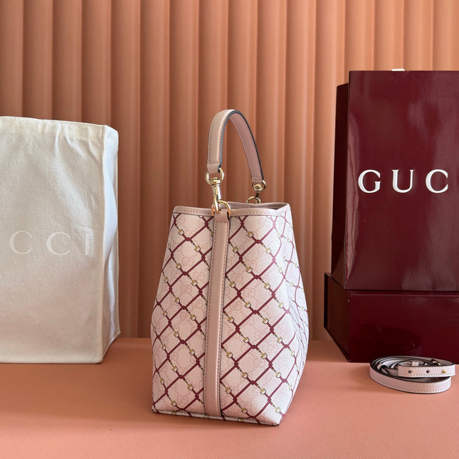 GUCCI 26S GG EMBLEM BUCKET BAG 25 IN LIGHT PINK COATED FABRIC