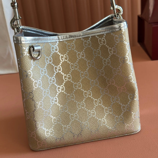 GUCCI 26S GG EMBLEM BUCKET BAG 19 IN BEIGE AND SILVER CANVAS