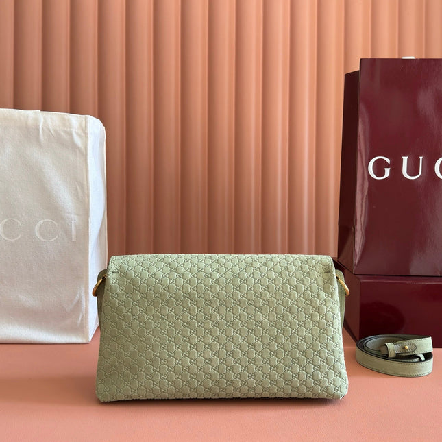 GUCCI 26S SHOULDER BAG 28 IN SAGE GREEN EMBOSSED SUEDE