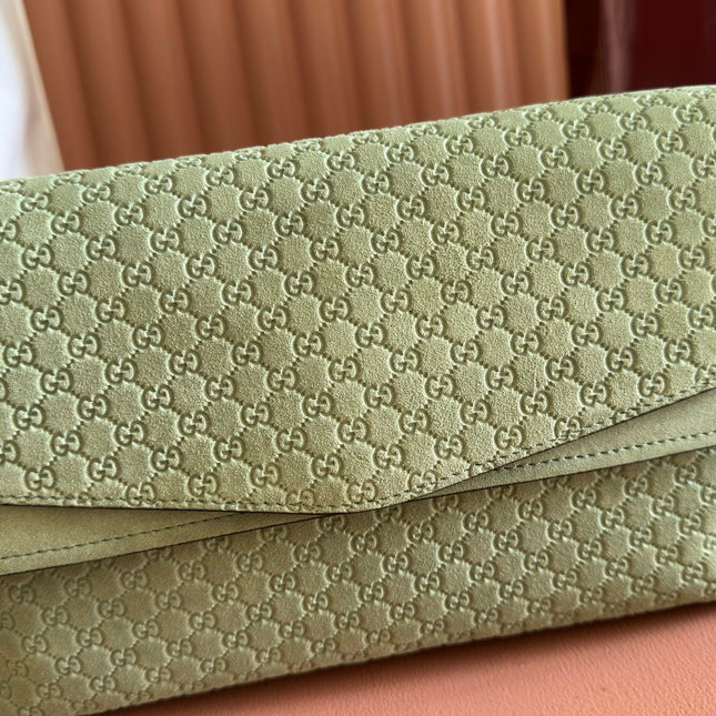 GUCCI 26S SHOULDER BAG 28 IN SAGE GREEN EMBOSSED SUEDE
