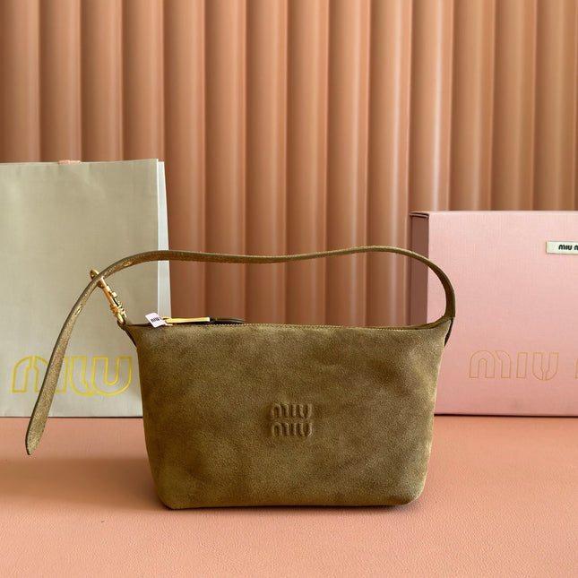 MIUMIU 26S CORDUROY POUCH BAG 25 IN LIGHT BROWN SUEDE