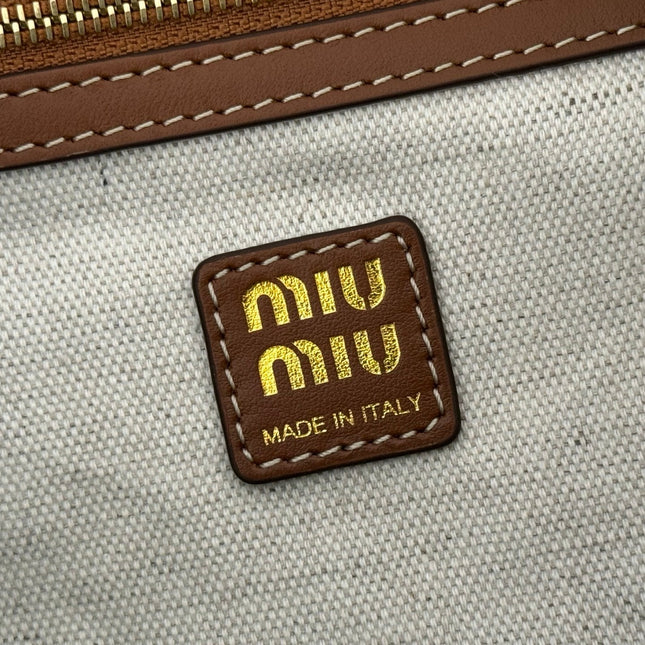MIUMIU 26S MEDIUM BACKPACK 29 IN DARK GREEN CANVAS AND BROWN CALFSKIN