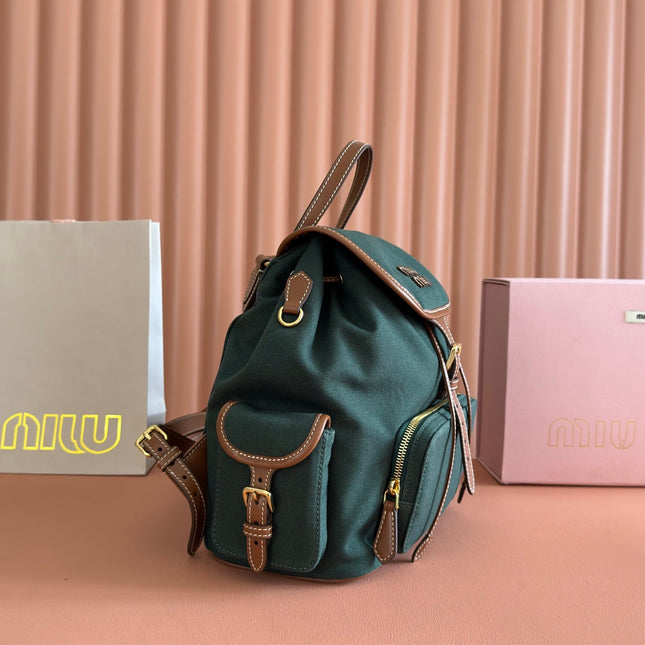 MIUMIU 26S MEDIUM BACKPACK 29 IN DARK GREEN CANVAS AND BROWN CALFSKIN