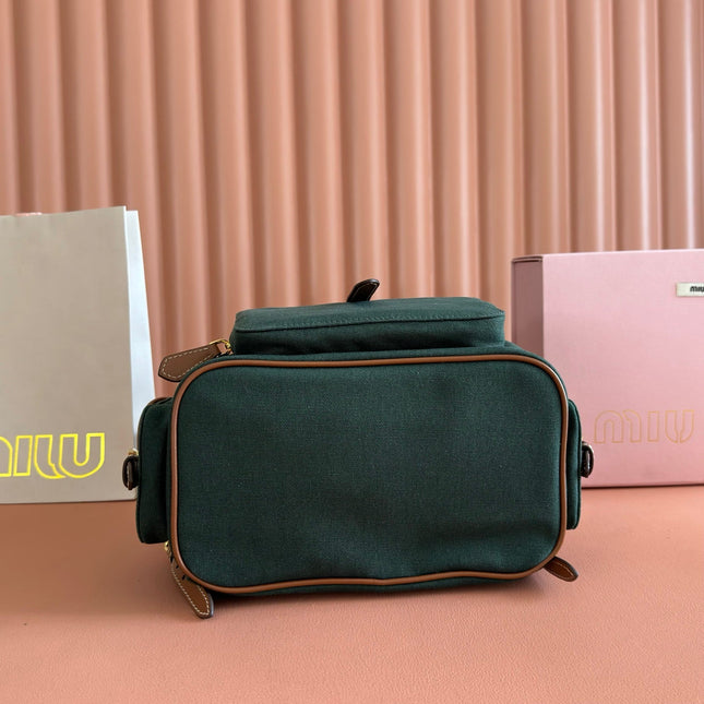 MIUMIU 26S MEDIUM BACKPACK 29 IN DARK GREEN CANVAS AND BROWN CALFSKIN
